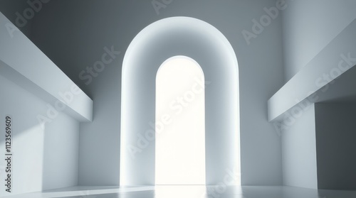 Architectural design features a minimalist space with an elegant archway lead...