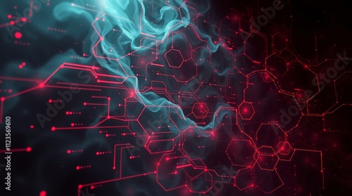 Abstract digital design featuring glowing lines and shapes against a dark bac...