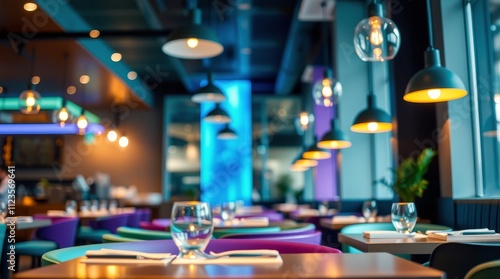 Modern dining area with colorful tables and ambient lighting in a restaurant