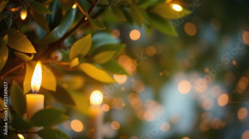 Soft candlelight illuminating green leaves during a serene evening gathering ...