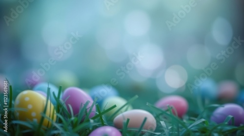 Colorful Easter eggs scattered on lush green grass during a sunny spring day