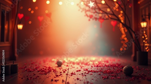 Romantic evening setting with warm lights and scattered petals in a cozy atmo...