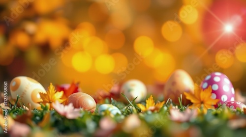 Colorful easter eggs arranged on grass with blurred bokeh background during s...