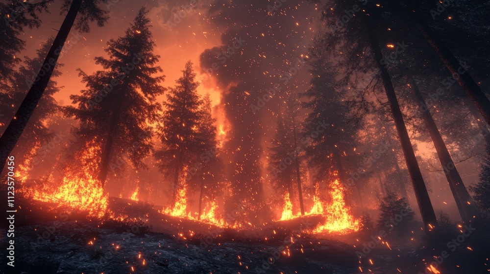 Fototapeta premium Forest fire devastation woodland area nature photography smoky environment dramatic viewpoint environmental crisis awareness
