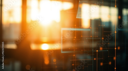 Beautiful sunset casting warm light through a modern office with digital inte...