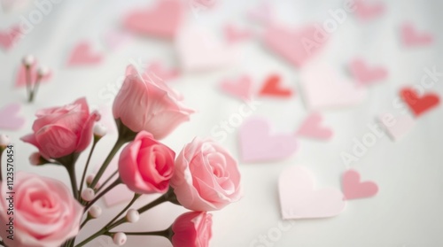 Decorative flowers and heart shaped paper cutouts for a romantic celebration