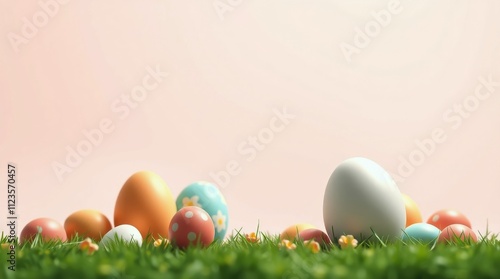 Colorful decorated eggs scattered on green grass during springtime celebration