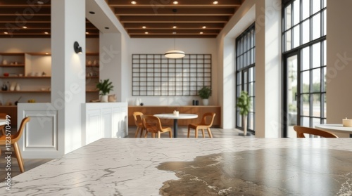 Modern cafe interior with natural light and minimalist furniture during daytime