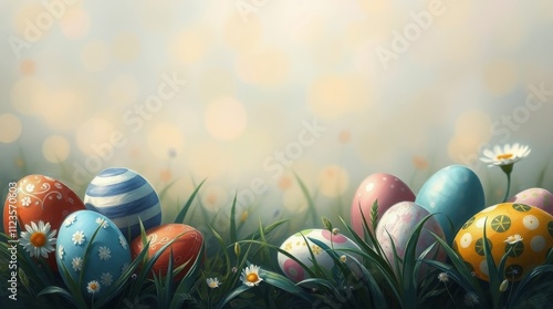 Colorful decorated eggs scattered on green grass during springtime festivities