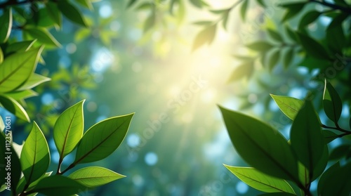 Bright sunlight filters through lush green leaves in a serene forest setting