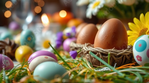 Colorful Easter eggs arranged with flowers and candles for a festive celebration