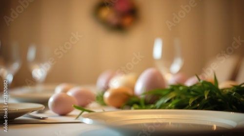 A beautifully arranged table setting with colorful eggs and spring decoration...