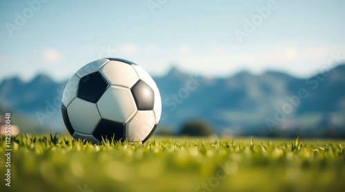 Soccer ball resting on green grass with mountains in background during sunny day