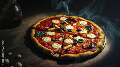 Steaming hot pizza with fresh toppings on a dark wooden table at night