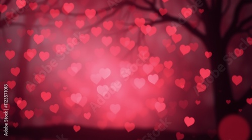 Romantic heart shapes floating in a dreamy forest setting during twilight hours