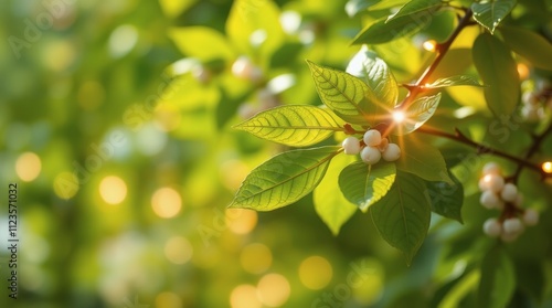 Sunlight filters through fresh green leaves and berries in a lush natural set...