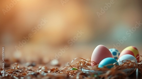 Colorful eggs in a nest on a sunny spring day surrounded by soft foliage