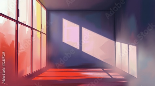 Bright sunlight casts colorful shadows in an empty room during late afternoon