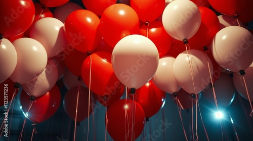 Red and white balloons create a festive atmosphere in a celebration setting
