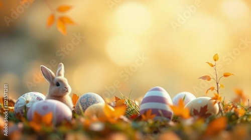 Cute bunny surrounded by colorful eggs in a tranquil autumn landscape during ...