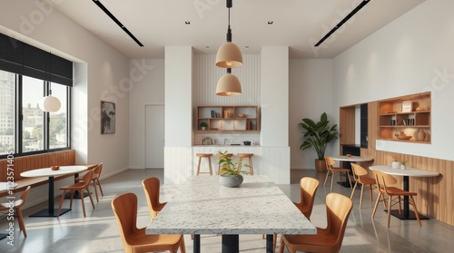 Modern interior design of an open cafe with stylish furniture and natural light