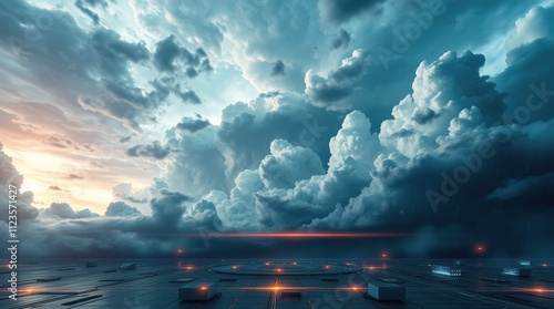 Dramatic clouds illuminate a futuristic landscape at sunset