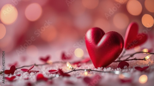 Red hearts on a soft surface with sparkling lights during a romantic celebration