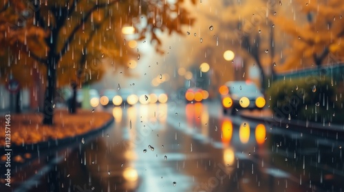Rain falling on a city street with colorful autumn leaves and blurred traffic...