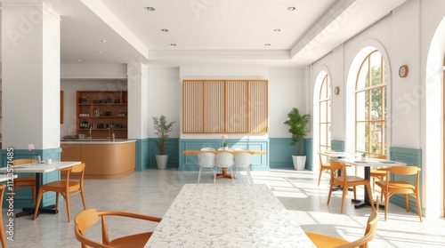 Bright and spacious cafe interior with stylish furniture and natural light