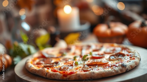 Delicious pizza topped with pepperoni and herbs on wooden board in cozy autum...
