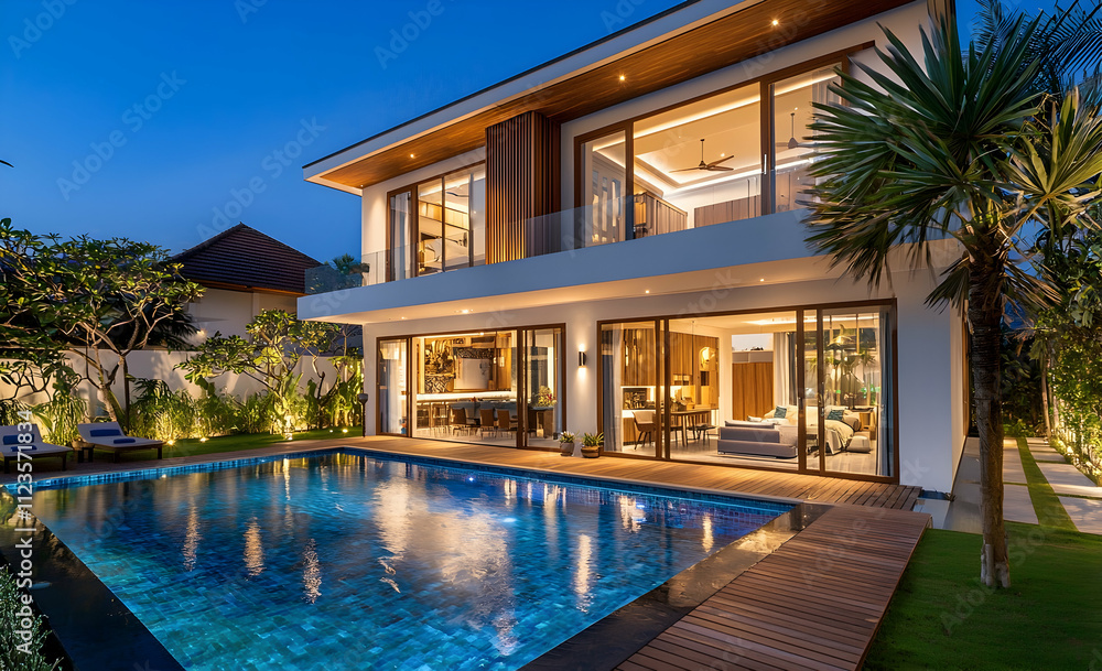 custom made wallpaper toronto digitalA modern two-story villa with a pool, featuring an exterior design in white and wood tones, a minimalist style, and modernist architecture