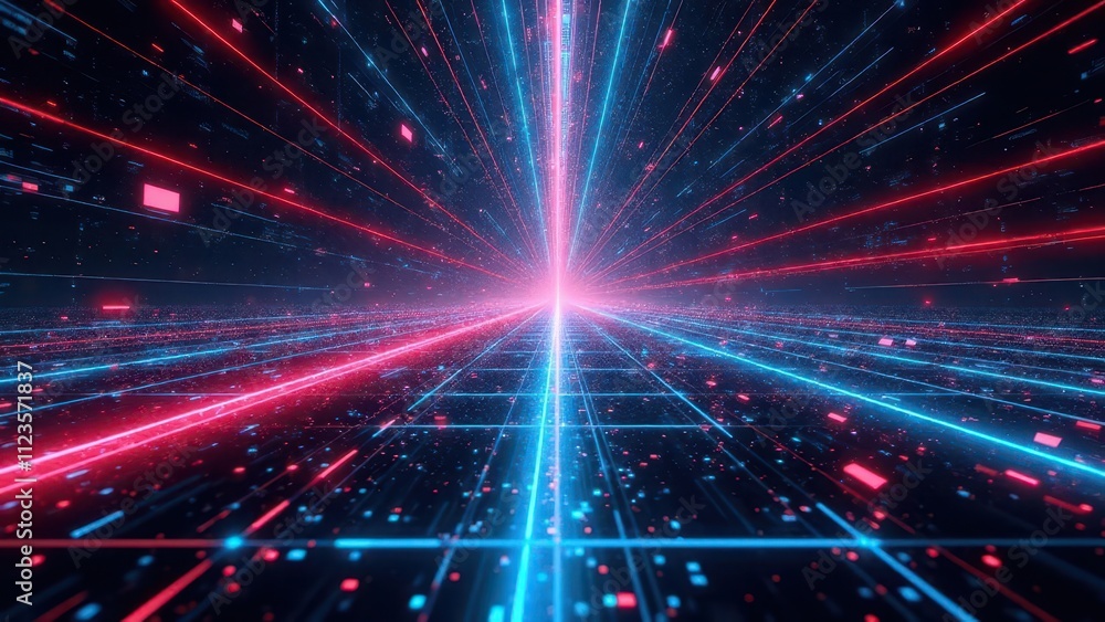 Infinite wireframe spaces.A digital cyber surface reminiscent of 1980s style, featuring a double infinite grid with luminous pathways stretching forward. The design should be sleek, noise-free, and pe Infinite wireframe spaces.A digital cyber surface reminiscent of 1980s style, featuring a double infinite grid with luminous pathways stretching forward. The design should be sleek, noise-free, and pe