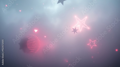 Colorful glowing stars and hearts illuminate a misty background at a festive ...