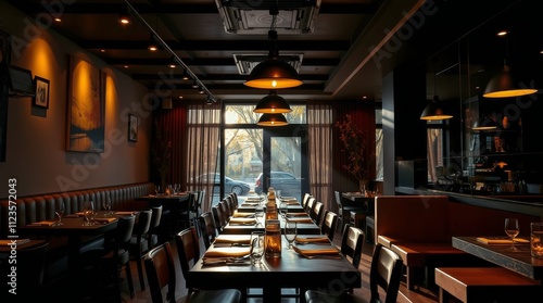 Elegant restaurant interior with warm lighting and a long dining table ready ...