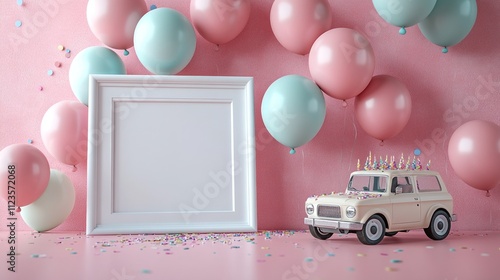 A festive scene with balloons, a toy car, and a blank frame.