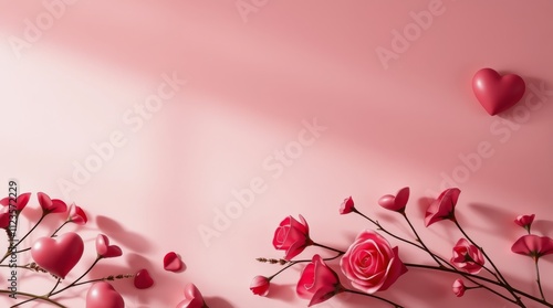 Romantic arrangement of pink roses and hearts on soft pink background