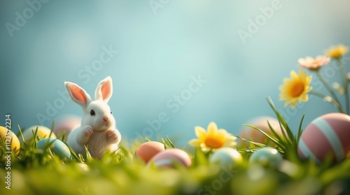 Plush bunny among colorful Easter eggs and flowers in a sunny field setting
