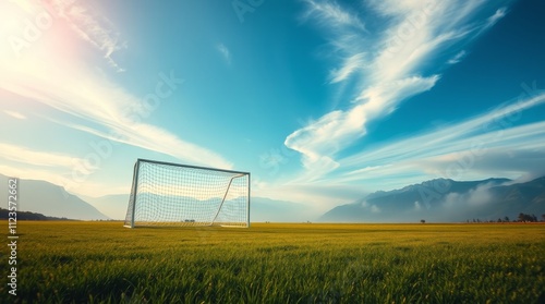 Soccer goal on a vast green field under a bright blue sky at sunset