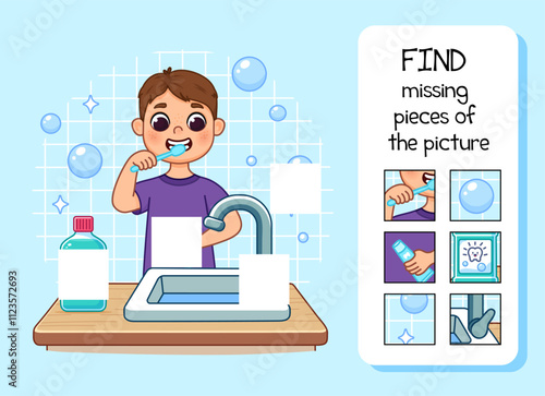 Find the missing pieces in the picture on the topic of hygiene. Boy brushing teeth, standing near sink with tap. There is mouthwash on table. Cute cartoon illustration. Isolated on white background.