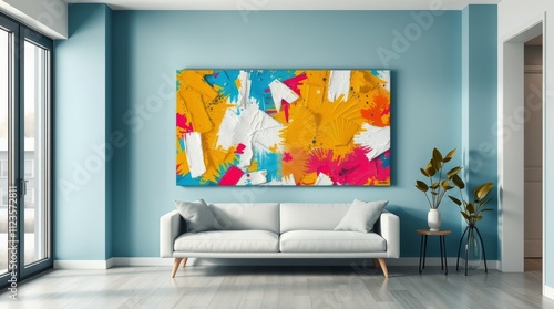 Vibrant abstract art enhances modern living room with fresh colors and clean ...