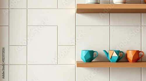 Colorful geometric mugs displayed on wooden shelves in a modern kitchen setting