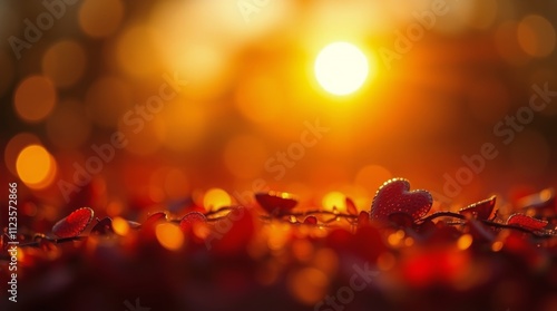 Beautiful sunset with heart shaped leaves on the ground creating a romantic a...