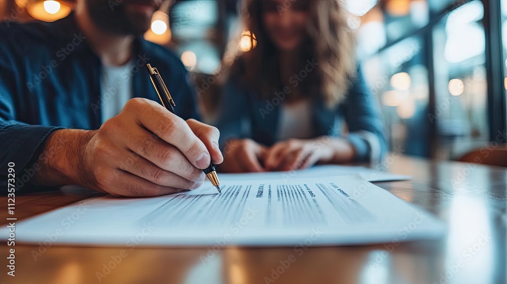 Close-up of a man signing documents with a woman nearby. Close-up of a man signing documents with a woman nearby.
