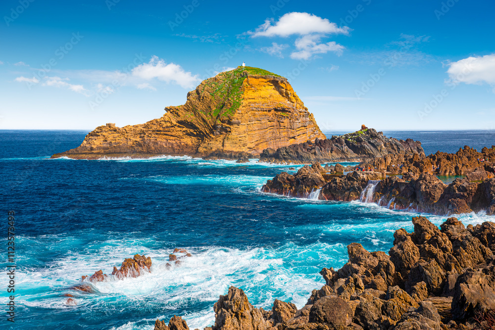 View of the small resort village of Porto Moniz on the Atlantic coast of Madeira Island, Portugal