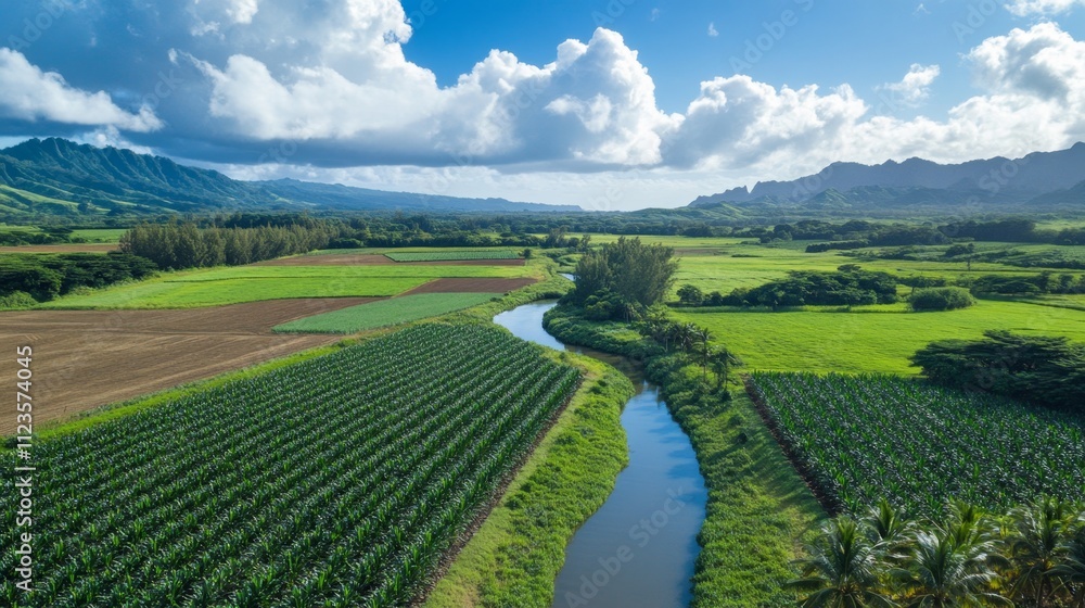 Fototapeta premium Aerial view of lush green farmland and meandering river rural landscape hawaii nature photography scenic peaceful environment