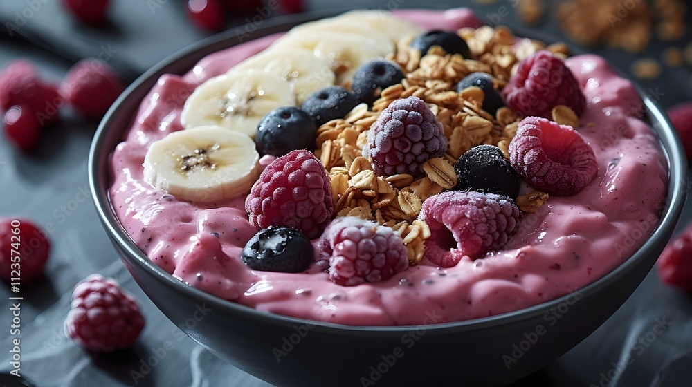 Healthy Breakfast Bowl with Fresh Berries, Banana Slices, and Granola: A Perfect Start to Your Day with Nutrient-Rich Ingredients for a Wholesome and Delicious Meal