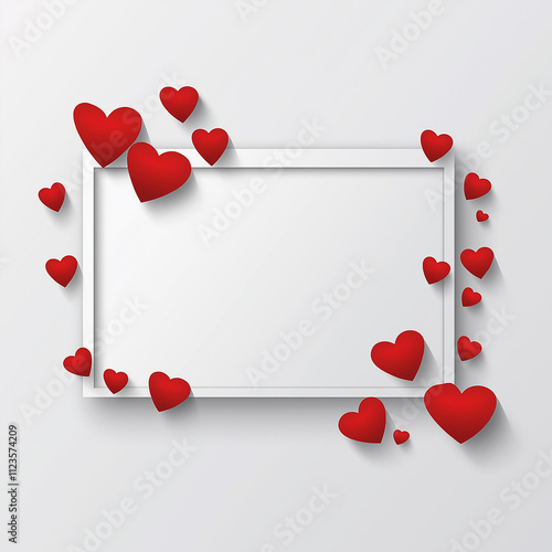 White frame surrounded by vibrant red hearts on minimalist background, perfect for Valentine’s Day cards, romantic designs, and love-themed invitations. photo