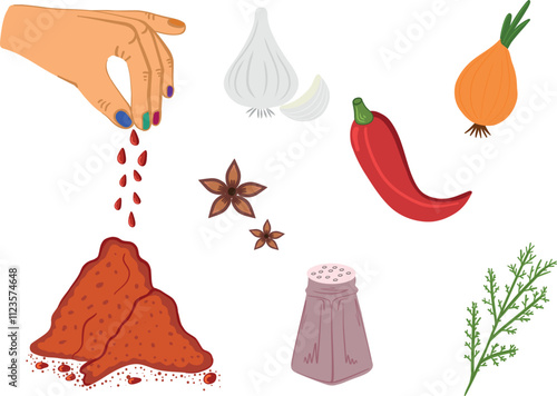 set of herbs and spices: chili, star anise, cinnamon, garlic, bay leaf, salt, parsley, and dill. Menu, kitchen