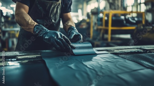 Industrial worker performing control in manufacturing plant workshop process busy environment close-up view craftsmanship insight photo