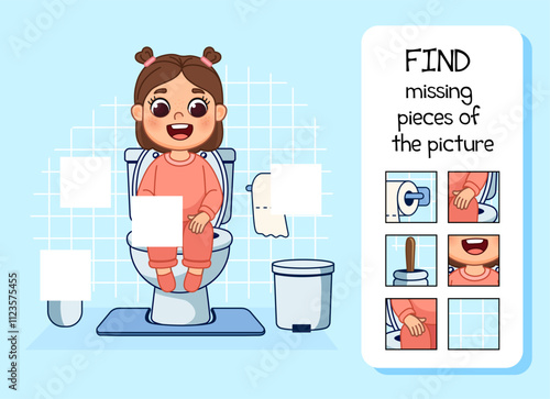 Find the missing pieces in the picture on the topic of hygiene. The girl is sitting on the toilet, there are trash, toilet brush and paper. Cute cartoon style illustration, isolated. Kid's game.